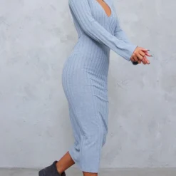 Robe Cache-coeur Mi-longue Côtelée Grise à Manches évasées -Jolie Vêtue Soldes Magasin 38d003f0a57c79d2db697ee4239baedbf96f639f cnc1138 3