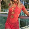 Mini Robe De Plage Découpée Corail En Mesh Texturé