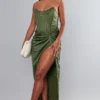 Label PLT Robe Longue Satinée Froncée Vert Olive Foncé à Corset Et Torsade -Jolie Vêtue Soldes Magasin 38f6c1c27b4bfea37bed67c057bab2590645d0f5 cnc9977 1