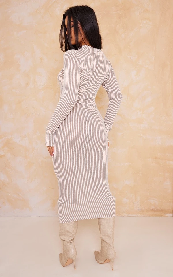 Robe Mi-longue Côtelée Bicolore Sable à Col Montant 4 Robe Mi-longue Côtelée Bicolore Sable à Col Montant – Image 2