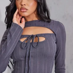 Robe Longue Côtelée Gris Anthracite Découpée à Nouer Dans Le Cou -Jolie Vêtue Soldes Magasin 3a13782c977606a0fb7625d89bb001279d6232bc cnd4071 4