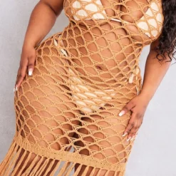 Plus Robe De Plage En Maille Tricot Camel Détail Franges à Dos Nu -Jolie Vêtue Soldes Magasin 3a694b63e58887eae86d65f93fb6adfd0a966333 cnd2850 4