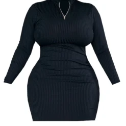 Plus Robe Moulante Côtelée Noire Zippée à Manches Longues -Jolie Vêtue Soldes Magasin 3b3e836932403b58528ca0e15ed98ad79720a1d0 cnc5165 5