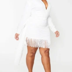 Plus Robe Moulante Blanche Effet Drapé à Manches Longues Et Franges -Jolie Vêtue Soldes Magasin 3bb5d7574a87b765366c11819a20a7817c270e9f cmh1747 3