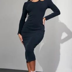 Zero Robe Longue Côtelée Bleu Marine Foncé à Découpes Et Manches Longues