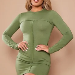 Robe Moulante En Jersey Kaki Manches Longues à Détail Coutures