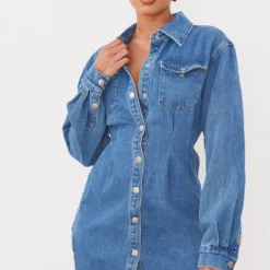 Robe Chemise Cintrée En Jean Moyennement Délavé à Manches Longues -Jolie Vêtue Soldes Magasin 3d12755dcea2860413dc00da9fe0aaef7fd9c44c cmg1747 3