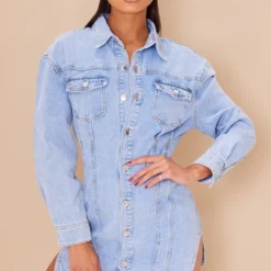 Robe En Jean Bleu Clair Délavé à Manches Longues Et Détail Coutures -Jolie Vêtue Soldes Magasin 3e20c835582a7809b0685db491b0444ae7f99c70 cmw4534 4