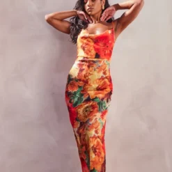 Robe Longue Lacée Dans Le Dos Orange Fleurie En Mousseline De Soie Transparente