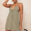 Robe Droite Kaki Tissée à Bretelles Croisées Dans Le Dos