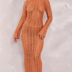 Robe Longue En Maille Tricot Marron Clair à Franges Et Dos Nu