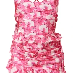 Robe Moulante Rose Vif Fleurie Imprimé Abstrait Froncée à Bretelles Et Volants -Jolie Vêtue Soldes Magasin 3f4e8ba525b07b4d4833d189a7e38b7ddf568f8b cmy1656 5