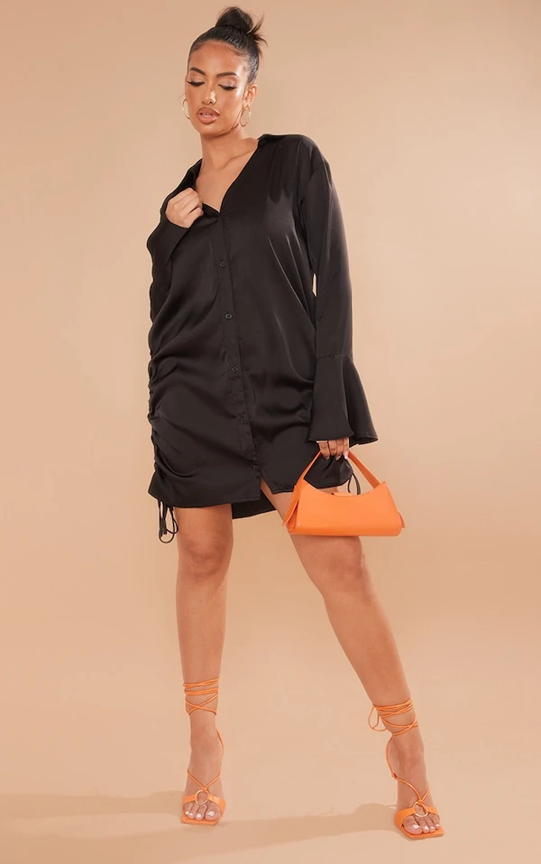 Robe Chemise Satinée Noire à Manches évasées à Double Fronce 3 Robe Chemise Satinée Noire à Manches évasées à Double Fronce