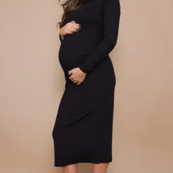 Logic Maternité Robe De Grossesse Mi-longue Côtelée Noir Foncé à Manches Longues