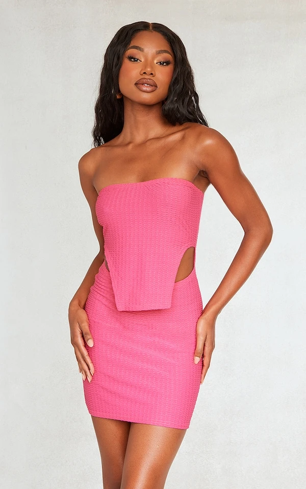 Robe Bustier Texturée Rose Vif à Ourlet Tombant 3 Robe Bustier Texturée Rose Vif à Ourlet Tombant