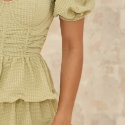 Robe Patineuse Vert Sauge Crêpée à Détail Bonnets Et Jupe étagée -Jolie Vêtue Soldes Magasin 40c7b7fed7ee790d1dda322d49db3e59dc1a6912 cne2963 4