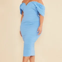 Plus Robe Mi-longue Texturée Bleue à Col Bardot -Jolie Vêtue Soldes Magasin 4120eed927426d445b8376dd3ff867a0092232ec cnd2789 3
