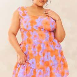 Plus Robe Droite En Popeline Orange Fleurie Froncée