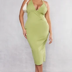 Plus Robe Mi-longue Vert Olive à Buste Plissé