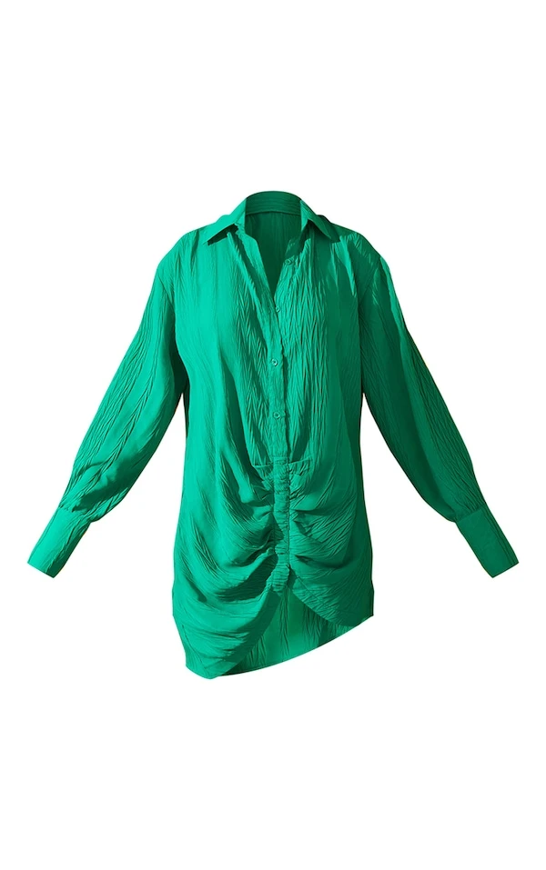 Robe Chemise Verte Froncée Devant Texturée à Manches Longues 8 Robe Chemise Verte Froncée Devant Texturée à Manches Longues – Image 6
