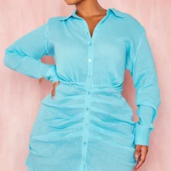 Plus Robe Chemise Légère Bleu Vif Texturée à Fronces -Jolie Vêtue Soldes Magasin 42756e60d36dee11ebd1e8fbce5bd02df6b0c4f5 cmz6433 4