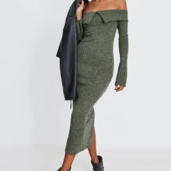 Robe Mi-longue Kaki Chiné Côtelée à Col Bardot