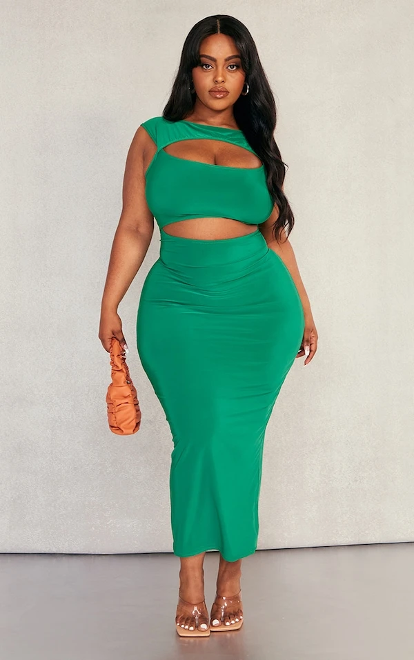 Plus Robe Mi-longue Moulante Vert Vif Découpée 3 Plus Robe Mi-longue Moulante Vert Vif Découpée