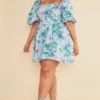 Plus Robe Bouffante Nouée à La Taille Fleurie Bleue