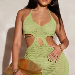 Shape Robe Courte En Maille Crochet Vert Olive Découpée