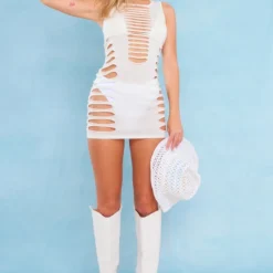 Robe En Maille Tricot Ajourée Blanche Très Découpée