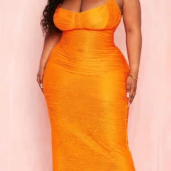 Plus Robe Mi-longue Texturée Orange à Bretelles -Jolie Vêtue Soldes Magasin 4651313def7cbe173a24f4f4640ea8354d6d8515 cmy7948 5