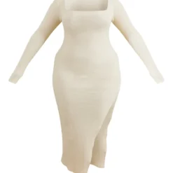 Shape Robe Mi-longue Côtelée Brossée Crème Fendue à Col Carré -Jolie Vêtue Soldes Magasin 46adb6564d0bf5816af1f0c86e5bdec8c9092eac cnc4643 5