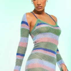 Robe Longue En Maille Tricot Ajourée à Rayures Bleues Et Manches -Jolie Vêtue Soldes Magasin 46be49148e3ebee69c72a418c956c053f36472ae cnc5955 4