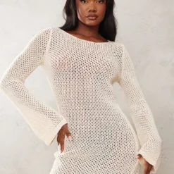 Tall Mini-robe En Maille Tricot Crème à Manches Longues
