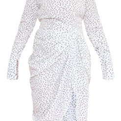 Plus Robe Mi-longue Drapée Blanche à Pois à Col Montant -Jolie Vêtue Soldes Magasin 47b35ffdc011002ffd1ce6fa6e49c73d81c7c154 cne4058 5