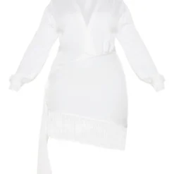 Plus Robe Moulante Blanche Effet Drapé à Manches Longues Et Franges -Jolie Vêtue Soldes Magasin 47e7ee390166c994810be7ab7883dbb336124484 CMH1747 5