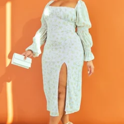 Plus Robe Mi-longue Bleu Cendré Fleurie à Manches Bouffantes -Jolie Vêtue Soldes Magasin 4877809797a1302c796f69fe48d087d5ab5b9846 cmw4106 4