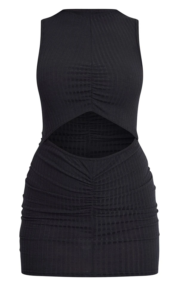 Robe Moulante Côtelée Froncée Noire à Taille Découpée 7 Robe Moulante Côtelée Froncée Noire à Taille Découpée – Image 5