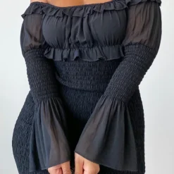 Plus Robe Moulante En Mousseline De Soie Noire Effet Froncé -Jolie Vêtue Soldes Magasin 495dfd4d040a648afd3cb7ec47370288e2b90191 CMK3323 4