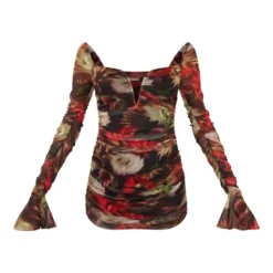 Robe Moulante En Mesh Fleuri Rouge Froncé à Barre En V -Jolie Vêtue Soldes Magasin 49d8f7b18b1032344228d9268b8e17667e8d67f7 cnd0392 5