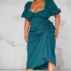 Plus Robe Mi-longue Fendue Vert émeraude à Côtés Froncés Et Manches Bouffantes -Jolie Vêtue Soldes Magasin 4a854fd48aaa5df71335a11b33d350e224b3dd61 cnb6991 3