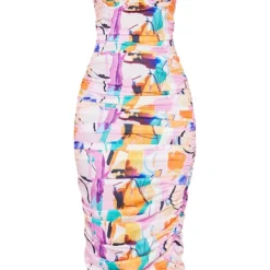 Robe Longue Imprimé Abstrait Multicolore à Détail Froncé -Jolie Vêtue Soldes Magasin 4ae92fd30446c690eda2fac9c9b4fd6278a2ce11 cmw5565 6