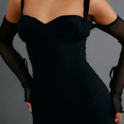 Robe Très Moulante Noire à Buste Froncé Et Manches Découpées En Mesh -Jolie Vêtue Soldes Magasin 4b11290c322789a9912ddce25564f89410685e0a cnc2981 4