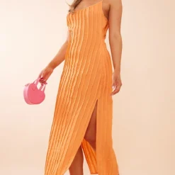 Robe Mi-longue Effet Lin Orange Plissée Fendue Sur Le Côté -Jolie Vêtue Soldes Magasin 4b1942637538db524d22293e9f350ef10463f70f cnd5476 3