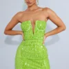Petite Mini Robe Corset Moulante Vert Citron Fluo à Sequins