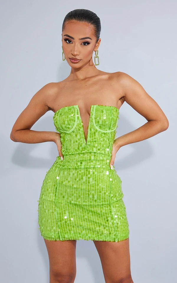 Petite Mini Robe Corset Moulante Vert Citron Fluo à Sequins 3 Petite Mini Robe Corset Moulante Vert Citron Fluo à Sequins