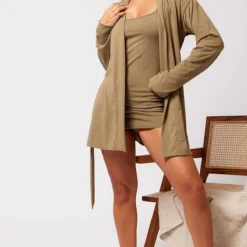 Robe De Chambre Courte En Jersey Brossé Kaki -Jolie Vêtue Soldes Magasin 4c3818a7de87d3bc3760c0ee5acb3d810946463a cne3033 3