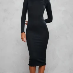 Robe Mi-longue Côtelée Noire à Manches Longues Et Ourlet Légèrement Volanté -Jolie Vêtue Soldes Magasin 4db21defec906b00944f208f81f493db43b8c831 cnd4270 3