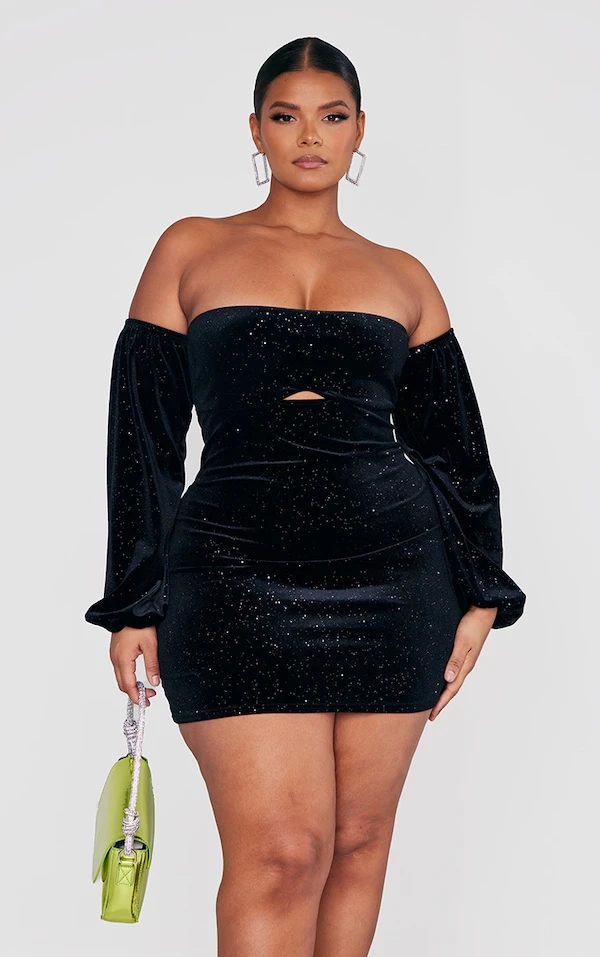 Plus Robe Moulante En Velours Noir Pailleté à Col Bardot 5 Plus Robe Moulante En Velours Noir Pailleté à Col Bardot – Image 3