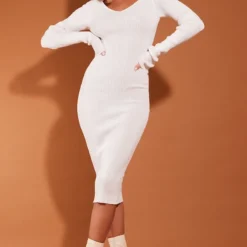 Robe Mi-longue En Maille Crème Clair à Col En V -Jolie Vêtue Soldes Magasin 4e9a83a203ad4a7c934bbe754c85a4a422c7771e cmu0226 3